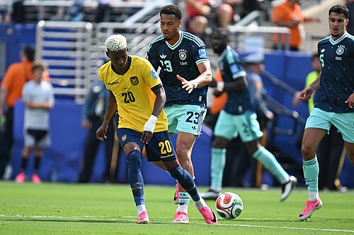 EAST RUTHERFORD, UNITED STATES - June 25: Nilson Angulo #20 of Ecuador battles for possession with Felix Nmecha #23 of Germany during the FIFA World Cup 2026 Group E match between Ecuador  and  Germany on June 25, 2026 MetLife Stadium, East Rutherford, New Jersey