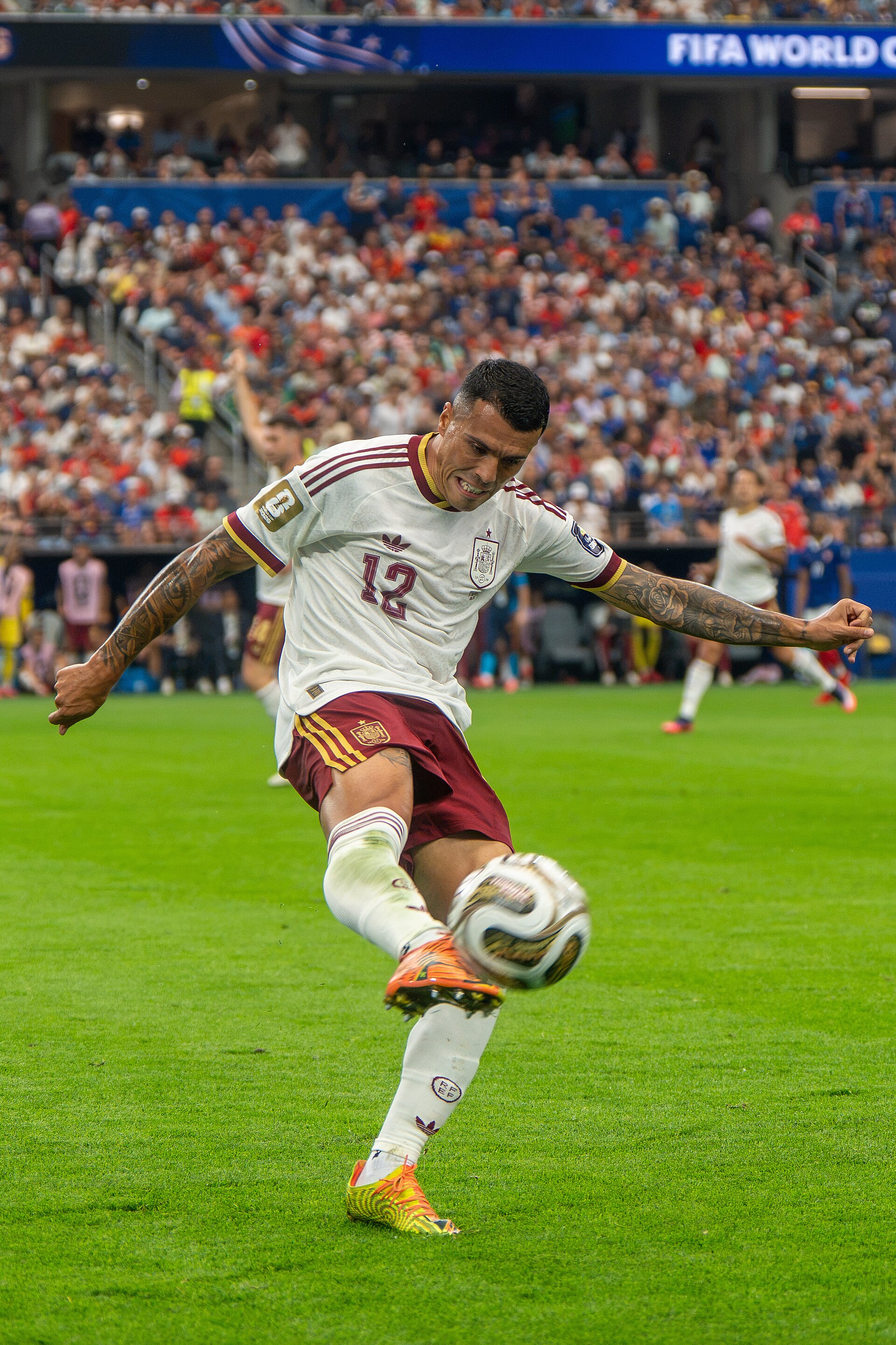 Pedro Porro during France v Spain at the 2026 FIFA World Cup