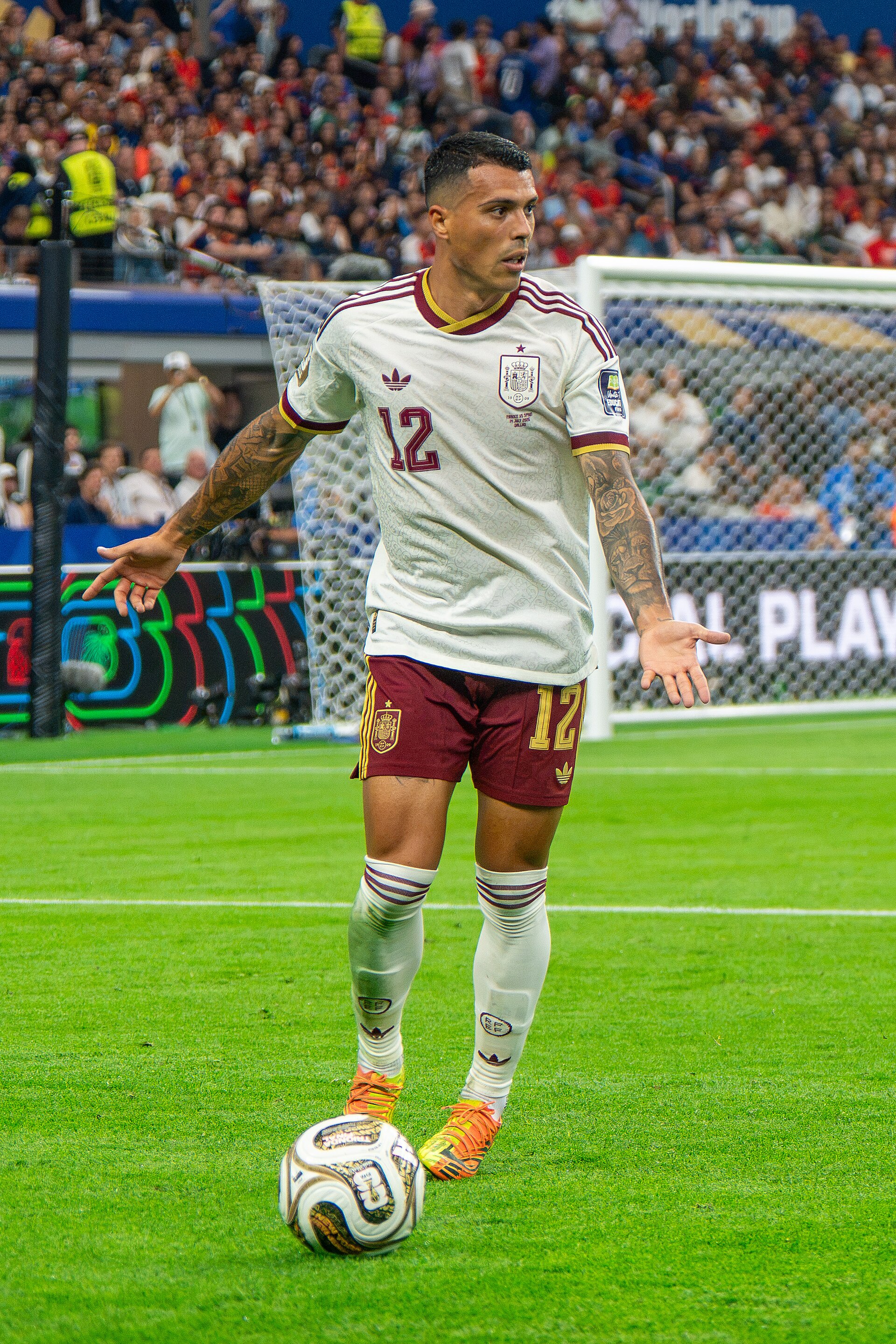 Pedro Porro during France v Spain at the 2026 FIFA World Cup