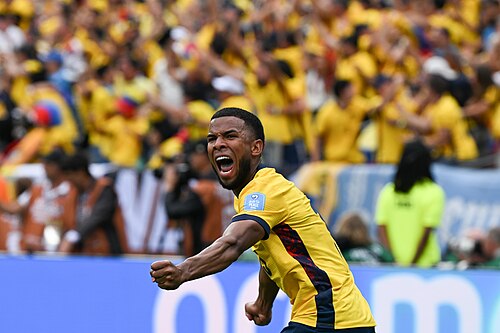EAST RUTHERFORD, UNITED STATES - June 25: Pedro Vite #15 of Ecuador reacts after his team mate Gonzalo Plata #19 scores during the FIFA World Cup 2026 Group E match between Ecuador  and  Germany on June 25, 2026 MetLife Stadium, East Rutherford, New Jersey