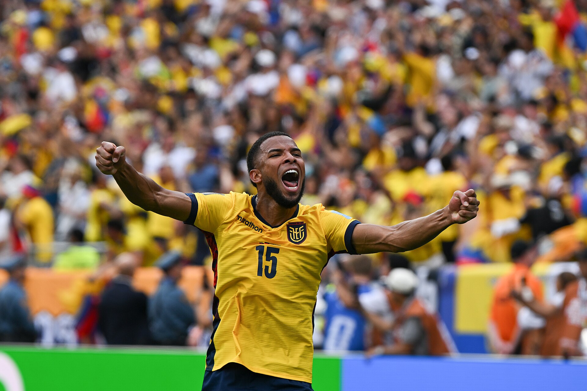 EAST RUTHERFORD, UNITED STATES - June 25: Pedro Vite #15 of Ecuador reacts after his team mate Gonzalo Plata #19 scores during the FIFA World Cup 2026 Group E match between Ecuador  and  Germany on June 25, 2026 MetLife Stadium, East Rutherford, New Jersey