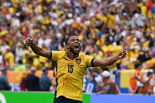 EAST RUTHERFORD, UNITED STATES - June 25: Pedro Vite #15 of Ecuador reacts after his team mate Gonzalo Plata #19 scores during the FIFA World Cup 2026 Group E match between Ecuador  and  Germany on June 25, 2026 MetLife Stadium, East Rutherford, New Jersey