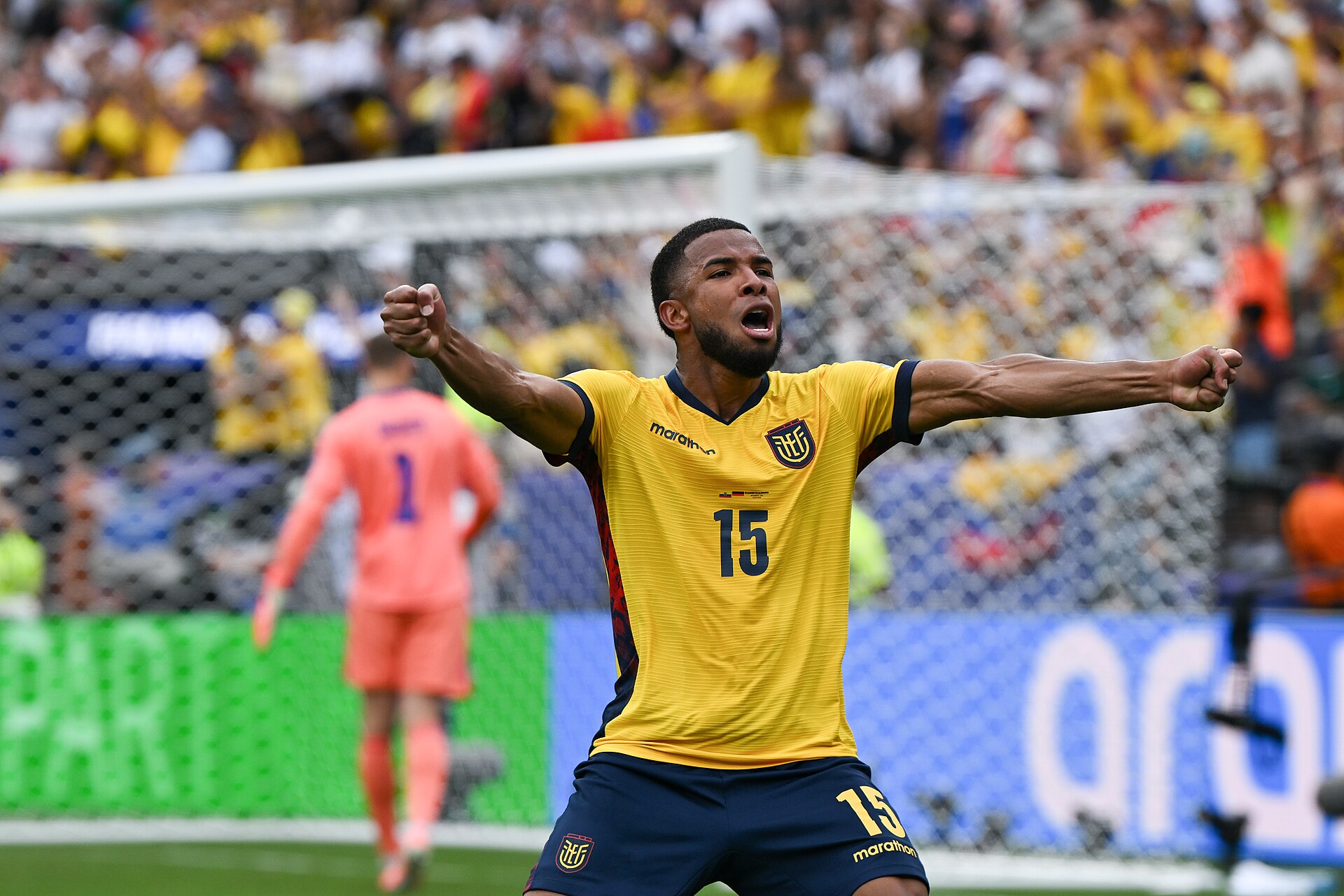EAST RUTHERFORD, UNITED STATES - June 25: Pedro Vite #15 of Ecuador reacts after his team mate Gonzalo Plata #19 scores during the FIFA World Cup 2026 Group E match between Ecuador  and  Germany on June 25, 2026 MetLife Stadium, East Rutherford, New Jersey