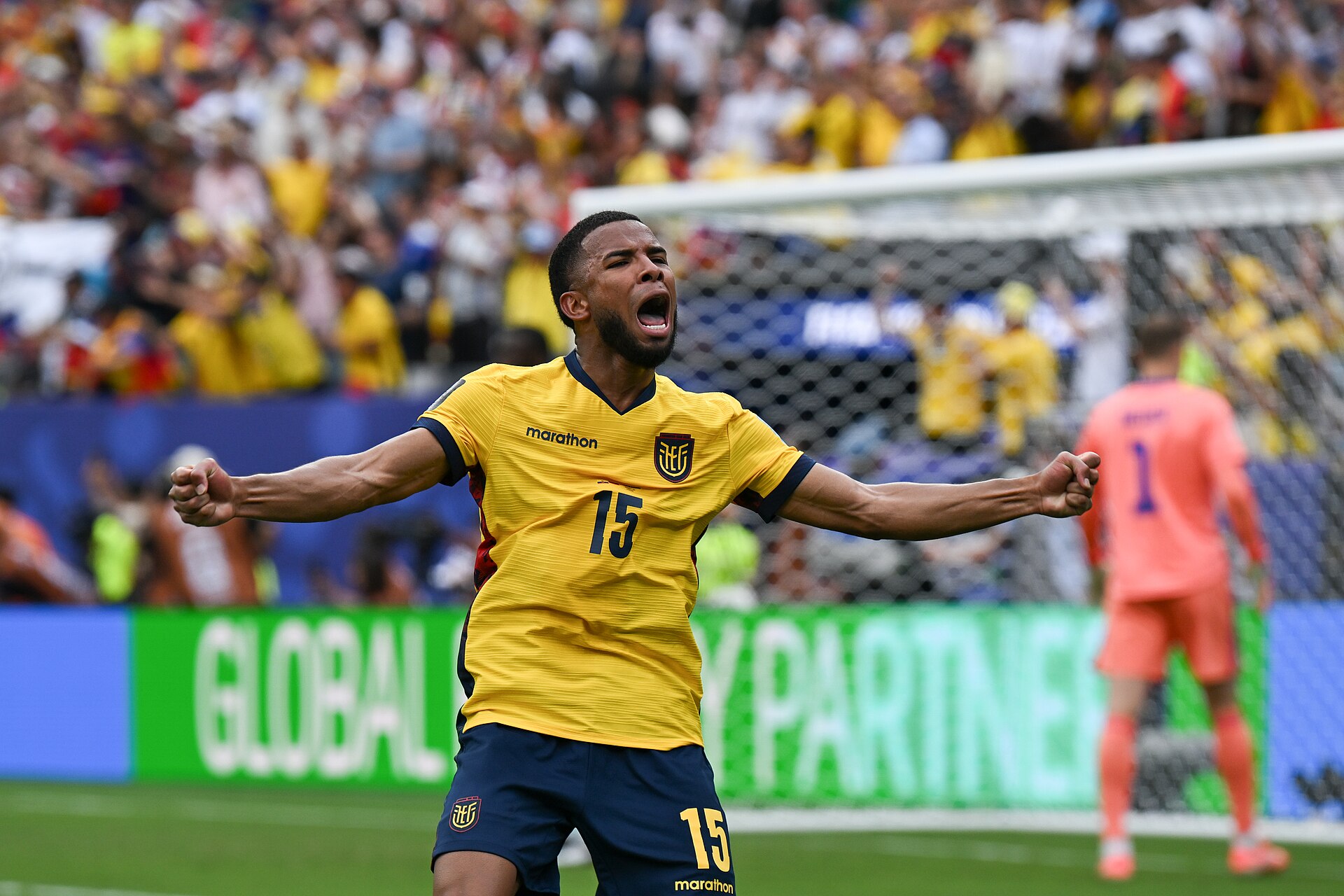 EAST RUTHERFORD, UNITED STATES - June 25: Pedro Vite #15 of Ecuador reacts after his team mate Gonzalo Plata #19 scores during the FIFA World Cup 2026 Group E match between Ecuador  and  Germany on June 25, 2026 MetLife Stadium, East Rutherford, New Jersey