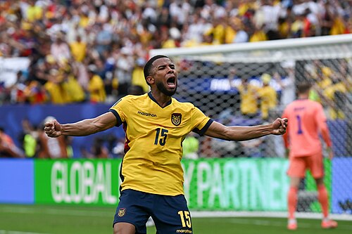 EAST RUTHERFORD, UNITED STATES - June 25: Pedro Vite #15 of Ecuador reacts after his team mate Gonzalo Plata #19 scores during the FIFA World Cup 2026 Group E match between Ecuador  and  Germany on June 25, 2026 MetLife Stadium, East Rutherford, New Jersey
