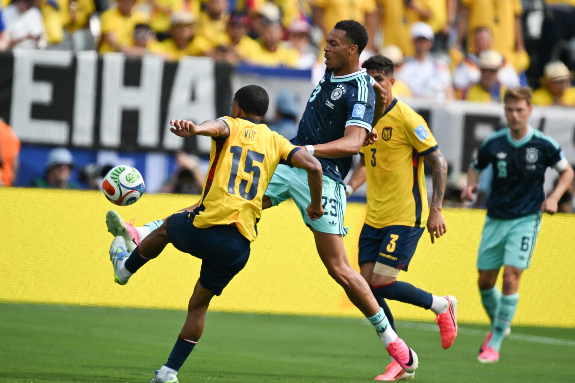 EAST RUTHERFORD, UNITED STATES - June 25: Pedro Vite #15 of Ecuador is in action against Felix Nmecha #23 of Germany during the FIFA World Cup 2026 Group E match between Ecuador  and  Germany on June 25, 2026 MetLife Stadium, East Rutherford, New Jersey