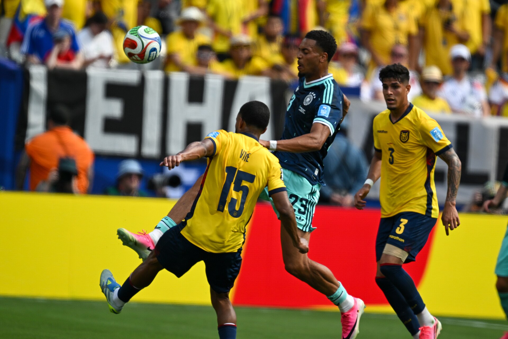 EAST RUTHERFORD, UNITED STATES - June 25: Pedro Vite #15 of Ecuador is in action against Felix Nmecha #23 of Germany during the FIFA World Cup 2026 Group E match between Ecuador  and  Germany on June 25, 2026 MetLife Stadium, East Rutherford, New Jersey