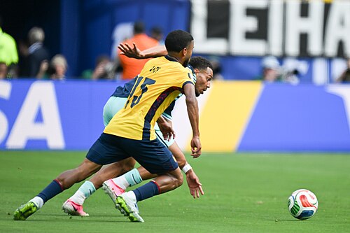 EAST RUTHERFORD, UNITED STATES - June 25: Pedro Vite #15 of Ecuador battles for possession with Felix Nmecha #23 of Germany during the FIFA World Cup 2026 Group E match between Ecuador  and  Germany on June 25, 2026 MetLife Stadium, East Rutherford, New Jersey
