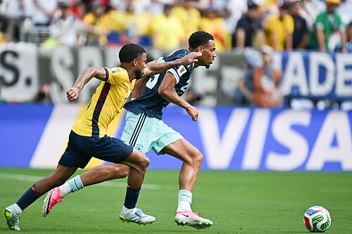 EAST RUTHERFORD, UNITED STATES - June 25: Pedro Vite #15 of Ecuador battles for possession with Felix Nmecha #23 of Germany during the FIFA World Cup 2026 Group E match between Ecuador  and  Germany on June 25, 2026 MetLife Stadium, East Rutherford, New Jersey