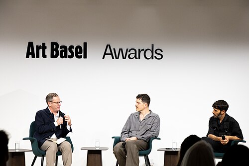 Philip Tinari, Simone Farresin, Andrea Trimarchi at the Art Basel international art fair in Basel, Switzerland in June 2025.
