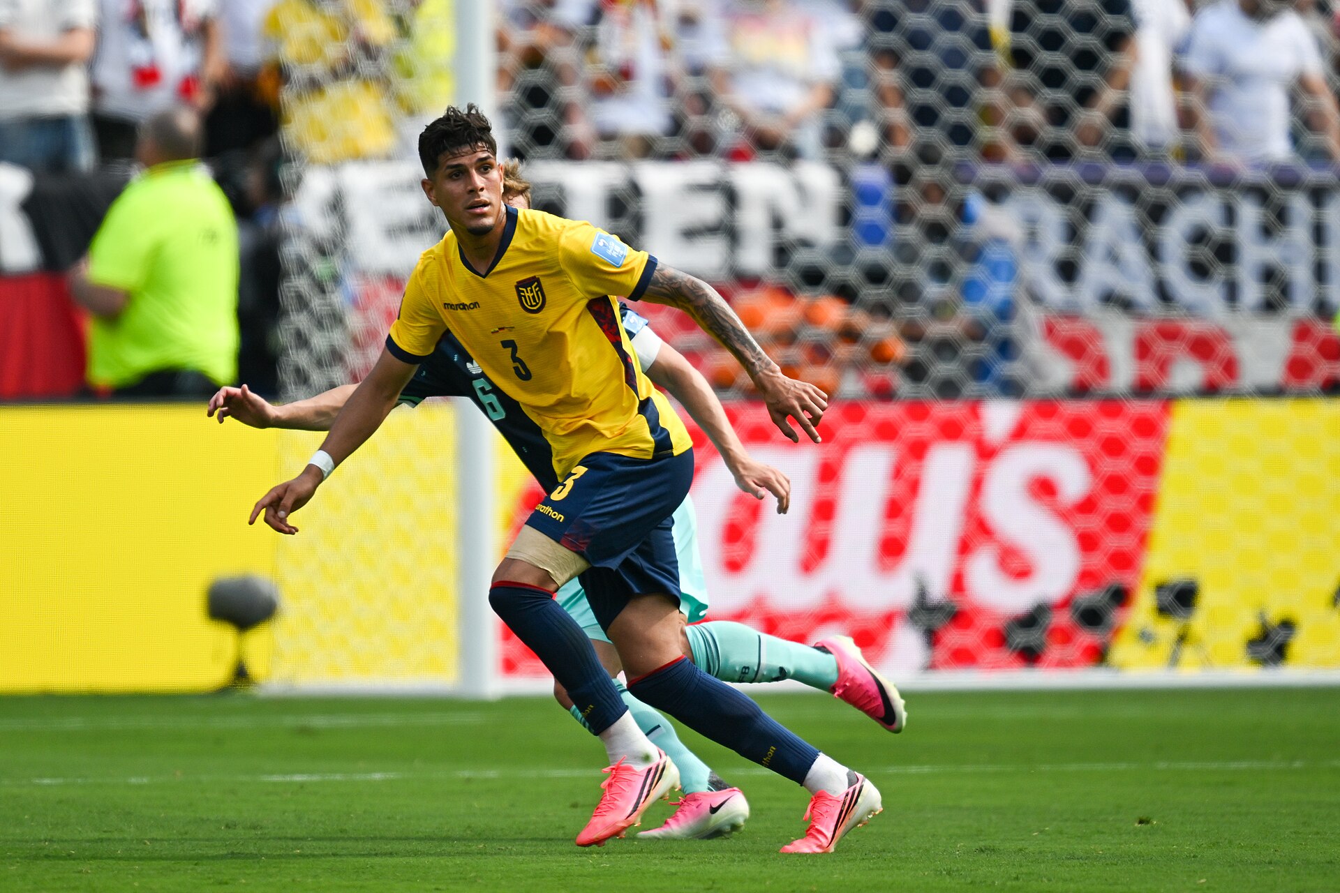 EAST RUTHERFORD, UNITED STATES - June 25: Piero Hincapie #3 of Ecuador in action during the FIFA World Cup 2026 Group E match between Ecuador  and  Germany on June 25, 2026 MetLife Stadium, East Rutherford, New Jersey