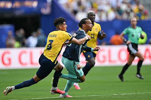 EAST RUTHERFORD, UNITED STATES - June 25: Piero Hincapie #3 of Ecuador battles for possession with Leroy Sane #19 of Germany during the FIFA World Cup 2026 Group E match between Ecuador  and  Germany on June 25, 2026 MetLife Stadium, East Rutherford, New Jersey