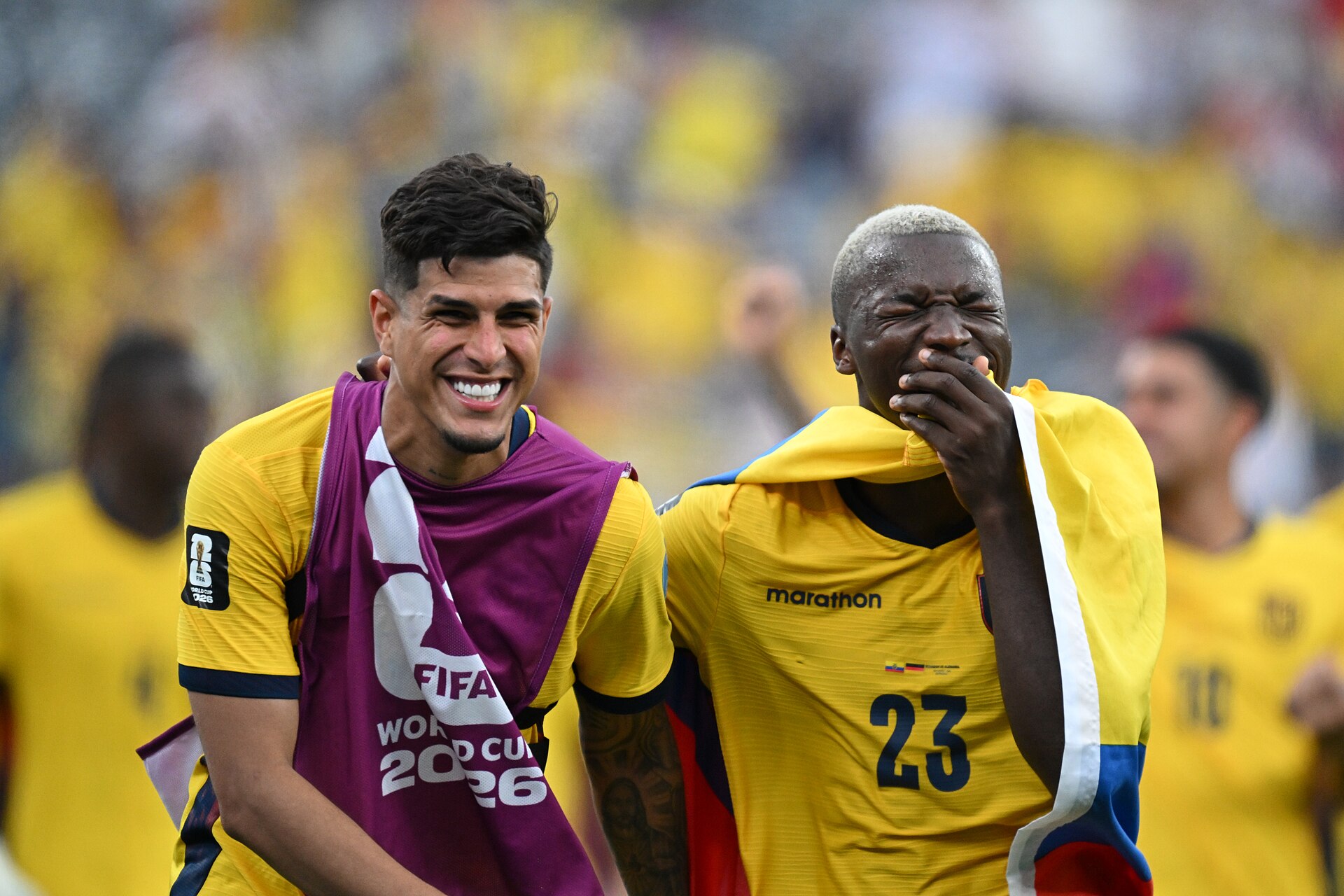 EAST RUTHERFORD, UNITED STATES - June 25: Piero Hincapie #3 and Moises Caicedo #23 of Ecuador celebrate after winning the FIFA World Cup 2026 Group E match between Ecuador  and  Germany on June 25, 2026 MetLife Stadium, East Rutherford, New Jersey
