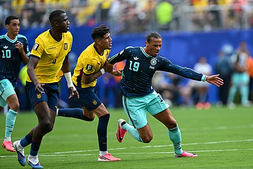 EAST RUTHERFORD, UNITED STATES - June 25: Willian Pacho #6, Piero Hincapie #3 of Ecuador is in action against Leroy Sane #19 of Ecuador during the FIFA World Cup 2026 Group E match between Ecuador  and  Germany on June 25, 2026 MetLife Stadium, East Rutherford, New Jersey
