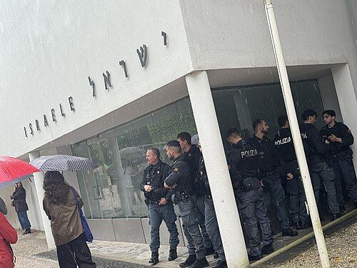 Police guarding the Israeli Pavilion during the 2026 Venice Biennale. The main Israeli pavilion in the Giardini was closed for renovation, with the 2026 Israeli pavilion being located in the Arsenale.