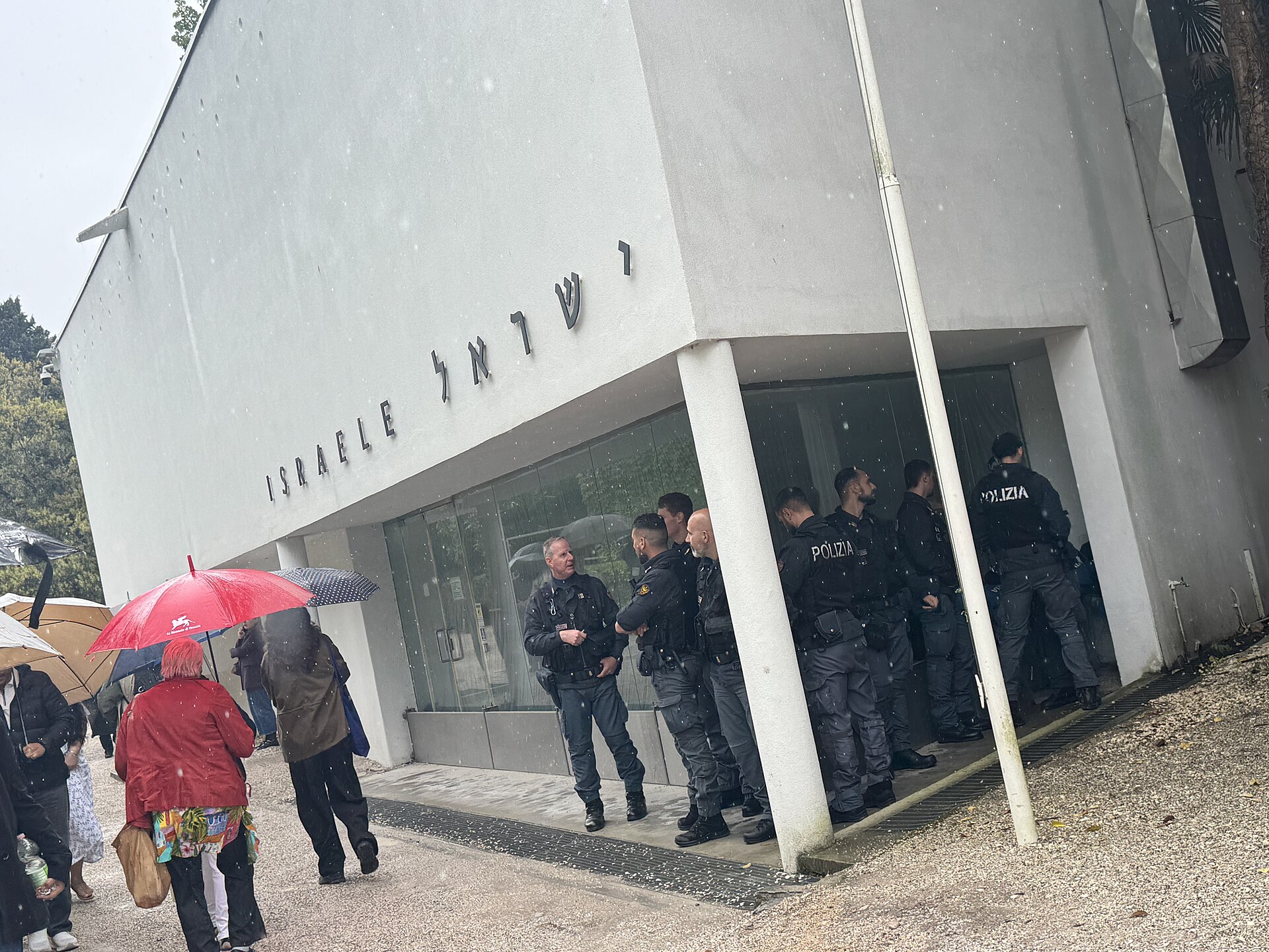 Police guarding the Israeli Pavilion during the 2026 Venice Biennale. The main Israeli pavilion in the Giardini was closed for renovation, with the 2026 Israeli pavilion being located in the Arsenale.