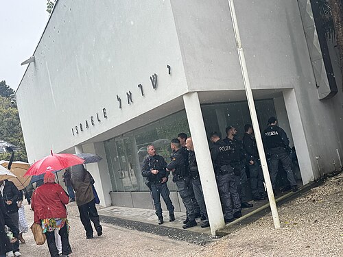 Police guarding the Israeli Pavilion during the 2026 Venice Biennale. The main Israeli pavilion in the Giardini was closed for renovation, with the 2026 Israeli pavilion being located in the Arsenale.