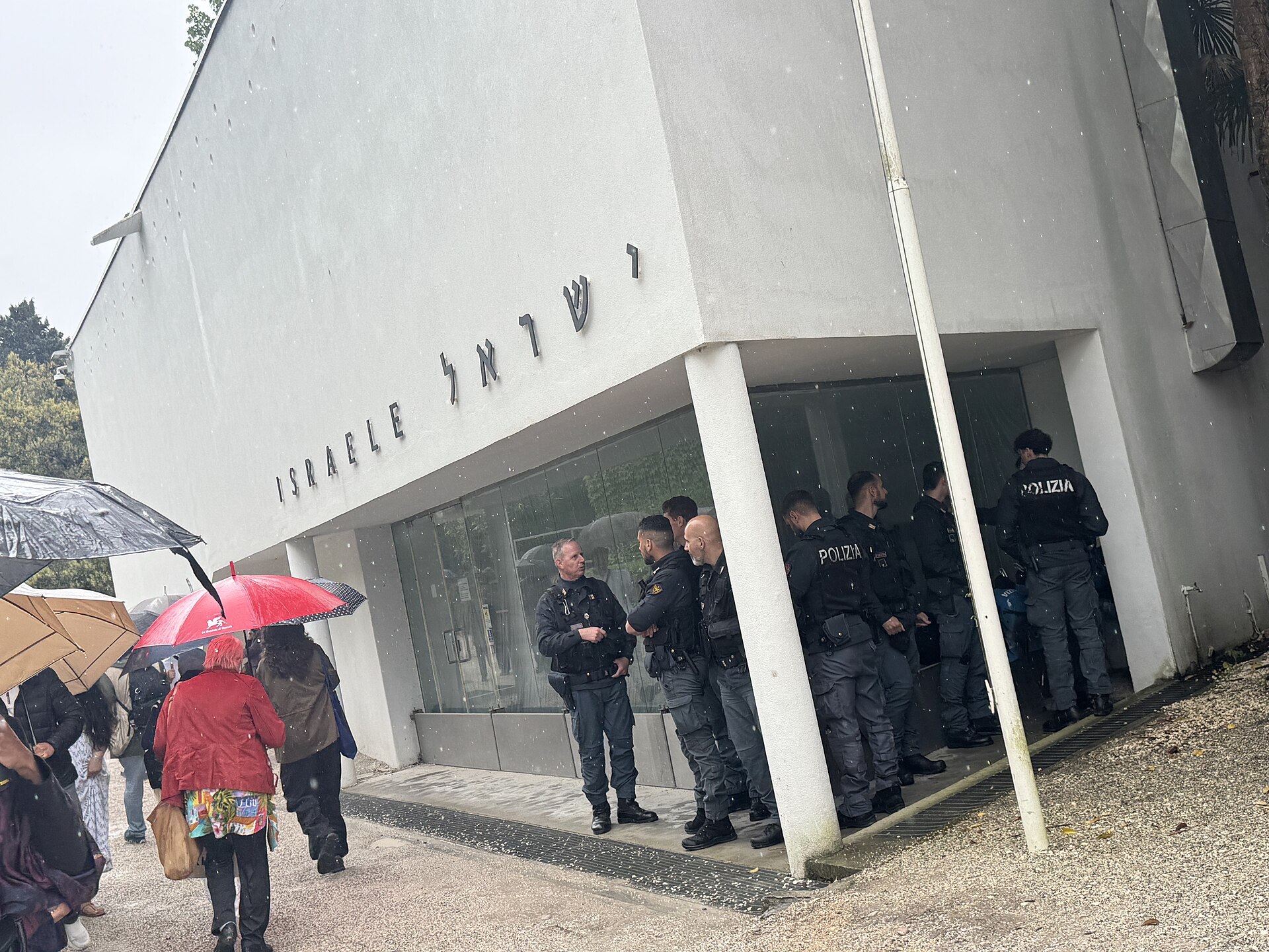 Police guarding the Israeli Pavilion during the 2026 Venice Biennale. The main Israeli pavilion in the Giardini was closed for renovation, with the 2026 Israeli pavilion being located in the Arsenale.