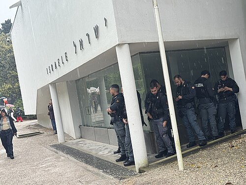 Police guarding the Israeli Pavilion during the 2026 Venice Biennale. The main Israeli pavilion in the Giardini was closed for renovation, with the 2026 Israeli pavilion being located in the Arsenale.