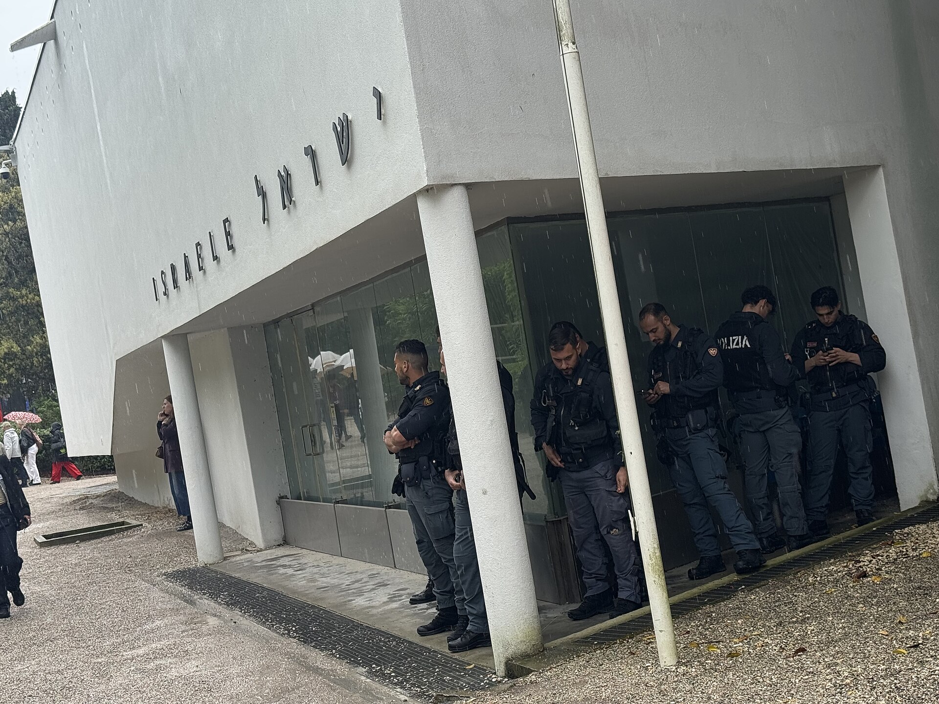 Police guarding the Israeli Pavilion during the 2026 Venice Biennale. The main Israeli pavilion in the Giardini was closed for renovation, with the 2026 Israeli pavilion being located in the Arsenale.