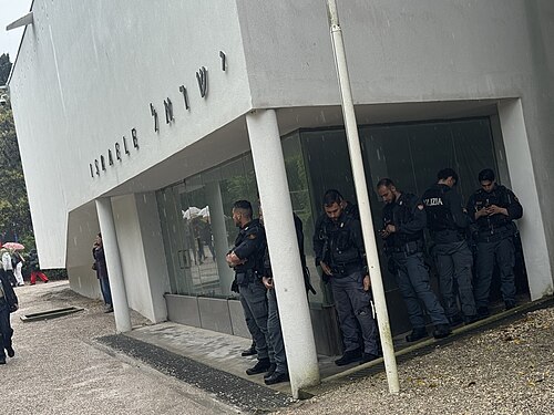 Police guarding the Israeli Pavilion during the 2026 Venice Biennale. The main Israeli pavilion in the Giardini was closed for renovation, with the 2026 Israeli pavilion being located in the Arsenale.