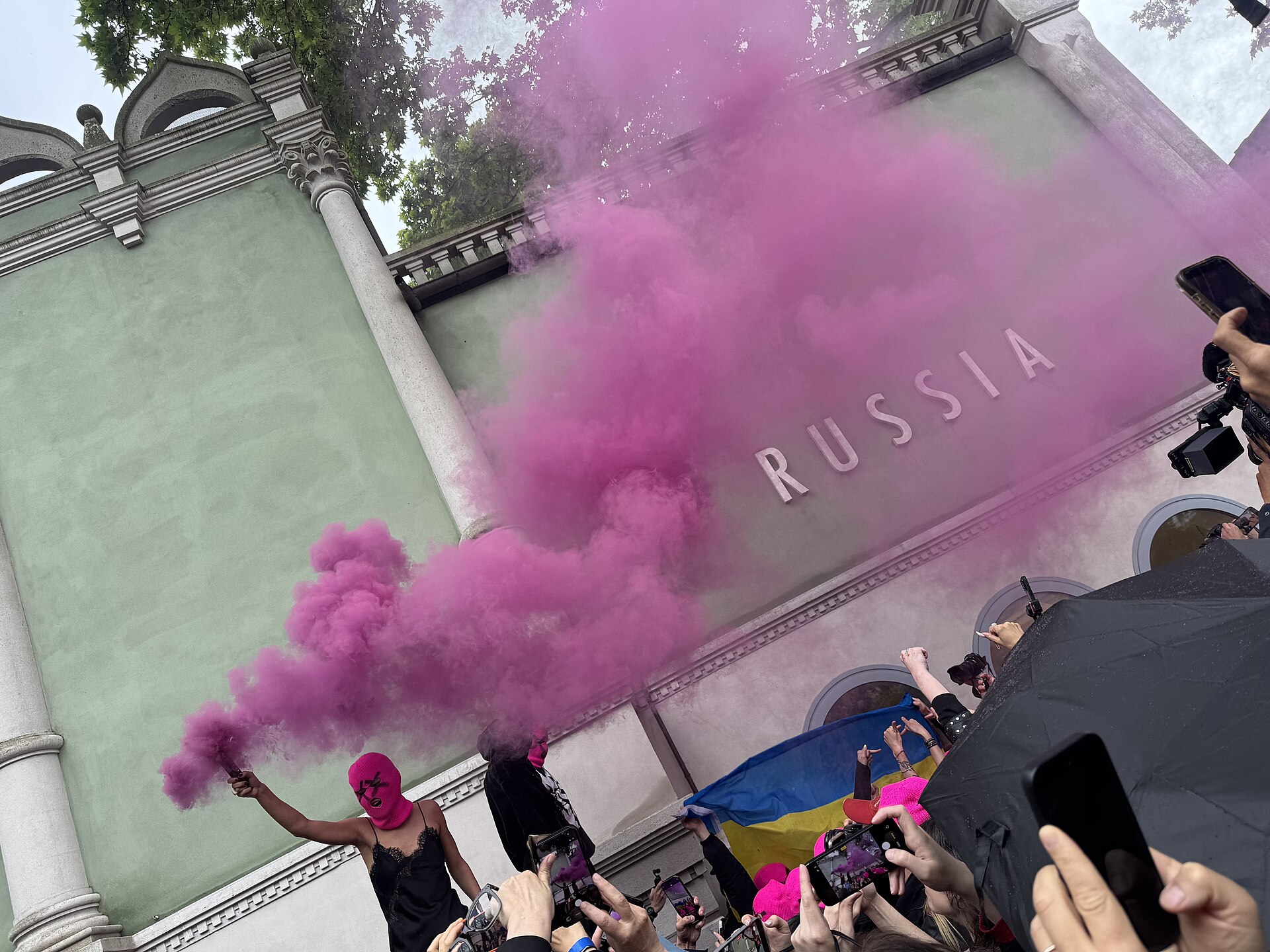 Protestors at the Russian Pavilion during 2026 Venice Biennale opening day, May 6, 2026.