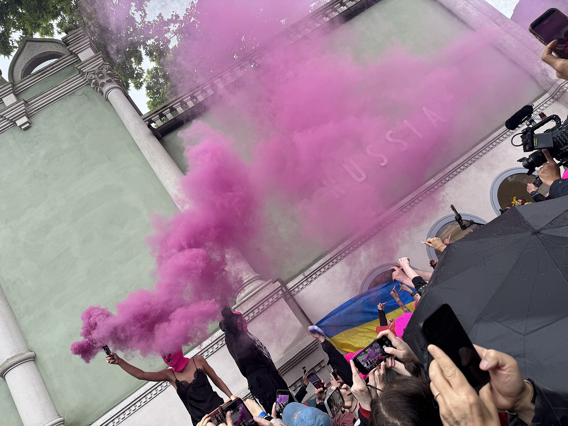 Protestors at the Russian Pavilion during 2026 Venice Biennale opening day, May 6, 2026.