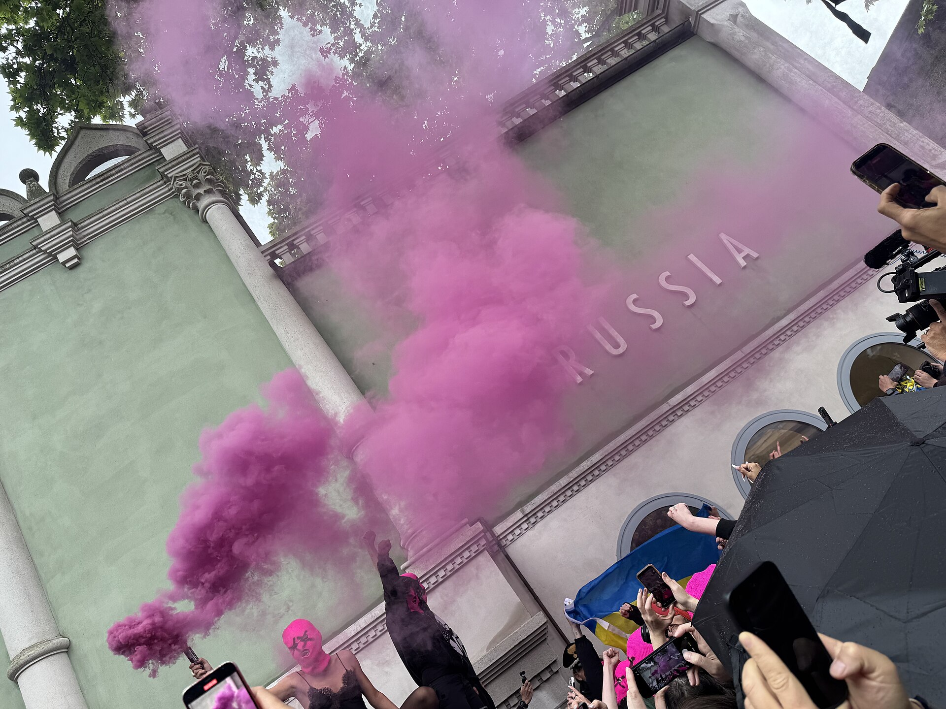 Protestors at the Russian Pavilion during 2026 Venice Biennale opening day, May 6, 2026.
