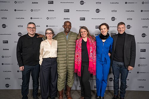 Reto Schärli, Petra Volpe, Rob Morgan, Thembisa Cochrane, Georgie Paget, and Hansjörg Weißbrich at Sundance Film Festival 2026 for Frank and Louis.