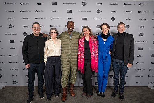 Reto Schärli, Petra Volpe, Rob Morgan, Thembisa Cochrane, Georgie Paget, and Hansjörg Weißbrich at Sundance Film Festival 2026 for Frank and Louis.