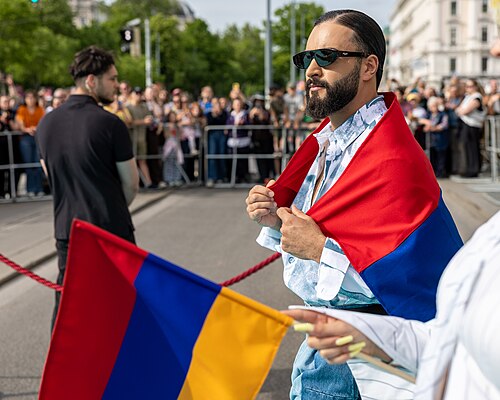 SIMÓN representing Armenia on the Turquoise Carpet at the 2026 Eurovision Song Contest in Vienna