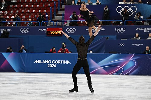 MILAN, ITALY - 06 FEBRUARY 2026: Sara Conti and Niccolo Macii of Italy compete during the Figure Skating Team Event Pair Skating Short Program at the Olympic Winter Games Milano Cortina 2026  Milano Ice Skating Arena on February 06, 2026 in Milan, Italy