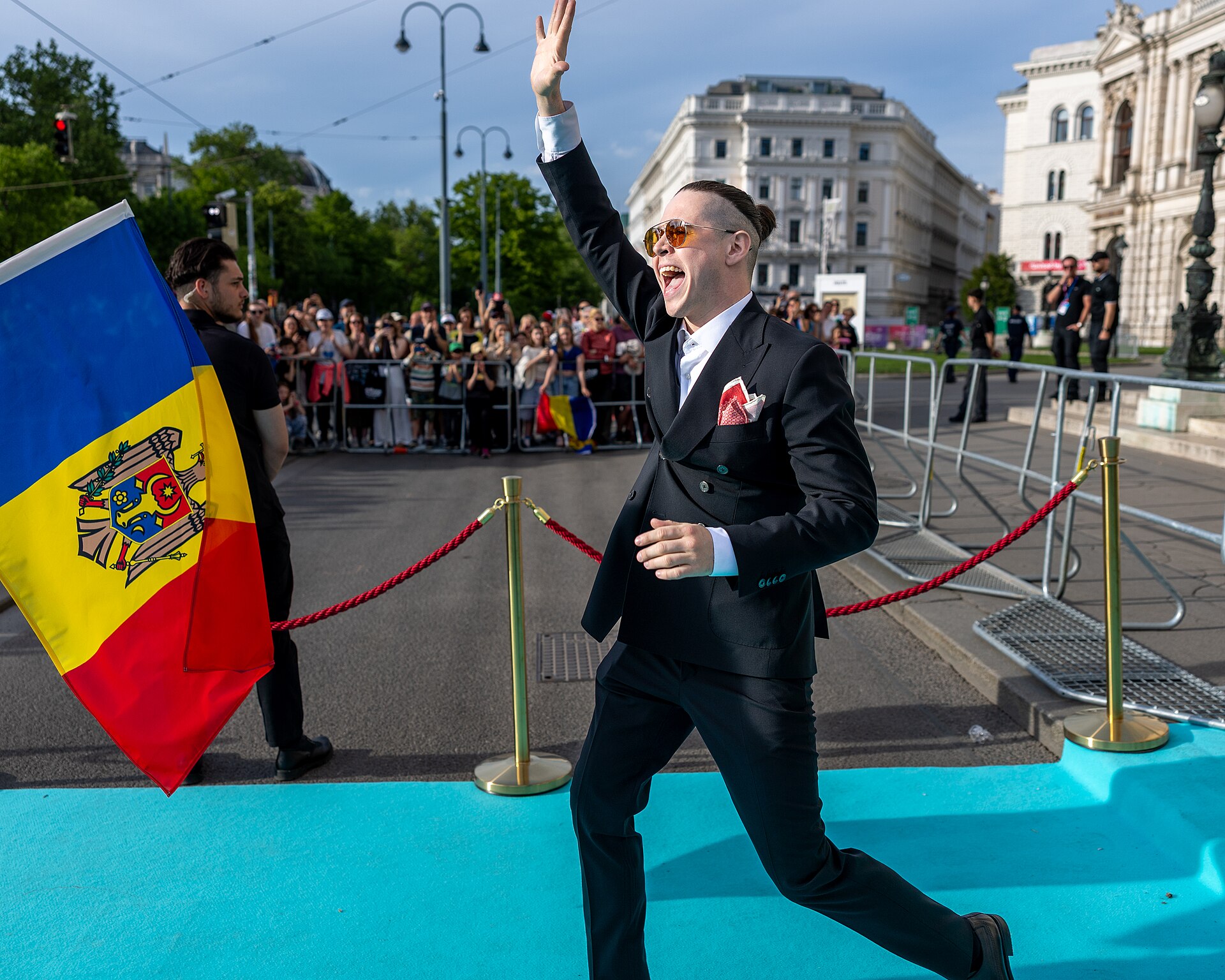 Satoshi representing Moldova on the Turquoise Carpet at the 2026 Eurovision Song Contest in Vienna