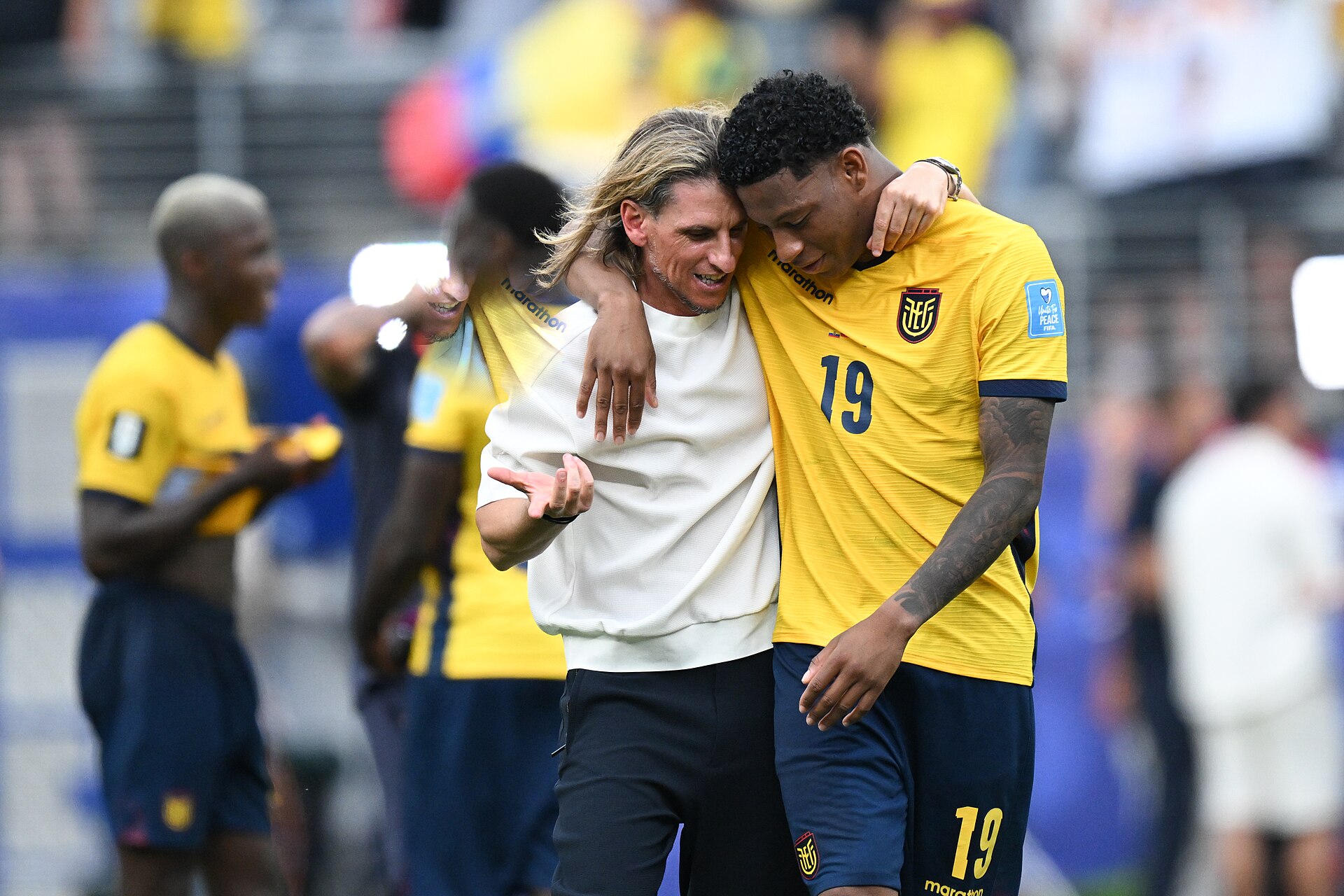EAST RUTHERFORD, UNITED STATES - June 25: Sebastian Andres Beccacece celebrates with Gonzalo Plata #19 after winning the FIFA World Cup 2026 Group E match between Ecuador  and  Germany on June 25, 2026 MetLife Stadium, East Rutherford, New Jersey