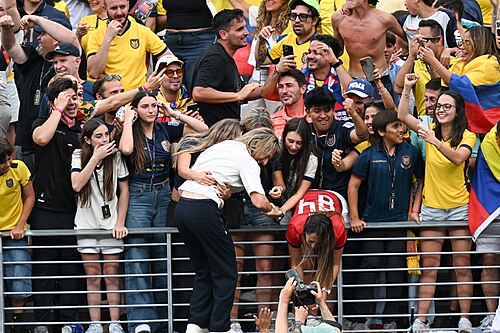 EAST RUTHERFORD, UNITED STATES - June 25: Sebastian Beccacece, Head Coach of Ecuador, celebrates victory with the fans after the FIFA World Cup 2026 Group E match between Ecuador and Germany on June 25, 2026 MetLife Stadium, East Rutherford, New Jersey