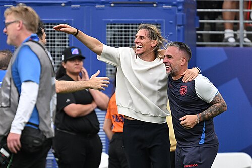 EAST RUTHERFORD, UNITED STATES - June 25: Sebastian Beccacece, Head Coach of Ecuador, celebrates victory after the FIFA World Cup 2026 Group E match between Ecuador and Germany on June 25, 2026 MetLife Stadium, East Rutherford, New Jersey