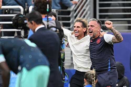 EAST RUTHERFORD, UNITED STATES - June 25: Sebastian Beccacece, Head Coach of Ecuador, celebrates victory after the FIFA World Cup 2026 Group E match between Ecuador and Germany on June 25, 2026 MetLife Stadium, East Rutherford, New Jersey