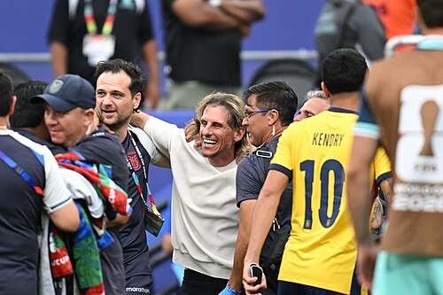 EAST RUTHERFORD, UNITED STATES - June 25: Sebastian Beccacece, Head Coach of Ecuador, celebrates victory after the FIFA World Cup 2026 Group E match between Ecuador and Germany on June 25, 2026 MetLife Stadium, East Rutherford, New Jersey