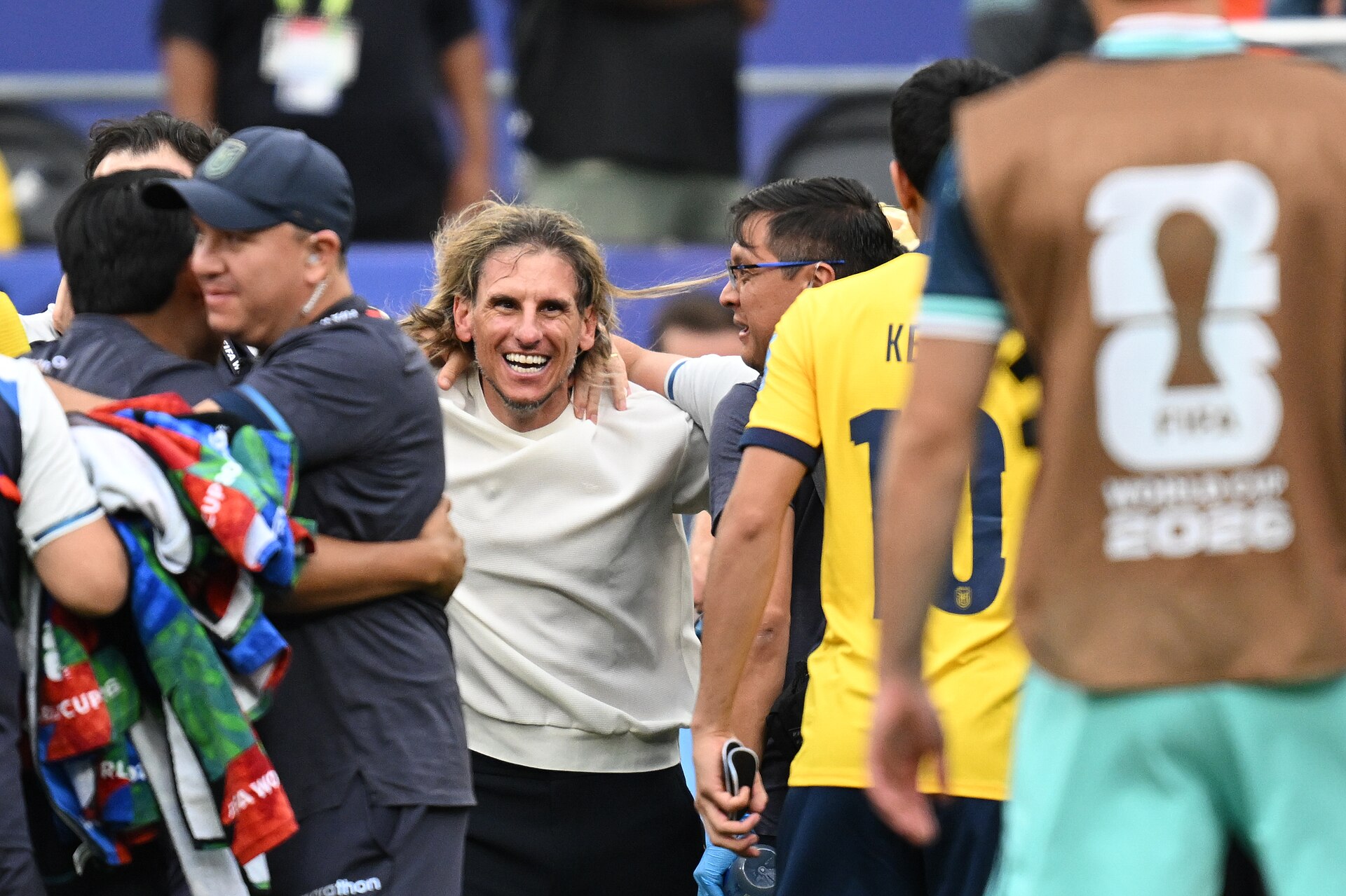 EAST RUTHERFORD, UNITED STATES - June 25: Sebastian Beccacece, Head Coach of Ecuador, celebrates victory after the FIFA World Cup 2026 Group E match between Ecuador and Germany on June 25, 2026 MetLife Stadium, East Rutherford, New Jersey