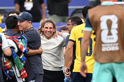 EAST RUTHERFORD, UNITED STATES - June 25: Sebastian Beccacece, Head Coach of Ecuador, celebrates victory after the FIFA World Cup 2026 Group E match between Ecuador and Germany on June 25, 2026 MetLife Stadium, East Rutherford, New Jersey