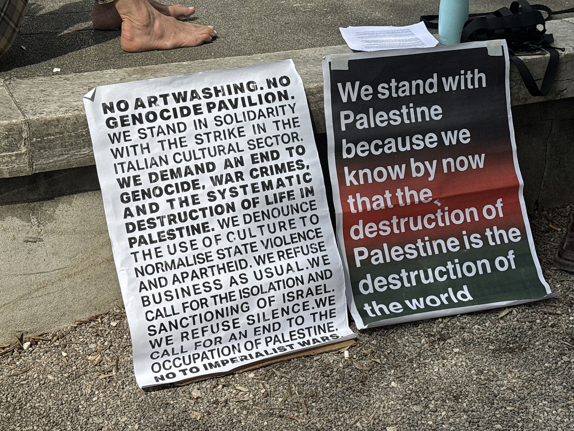 Signs at the Austrian Pavilion which closed at the Venice Biennale on May 8, 2026 to protest the inclusion of Israel in the art exhibition. Numerous pavilions closed for all or part of the day.