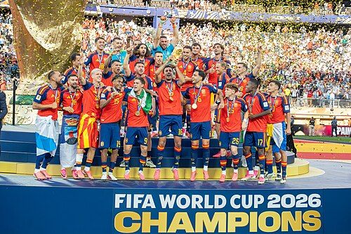 Spain lifting the World Cup trophy during Spain versus Argentina 19 July 2026.