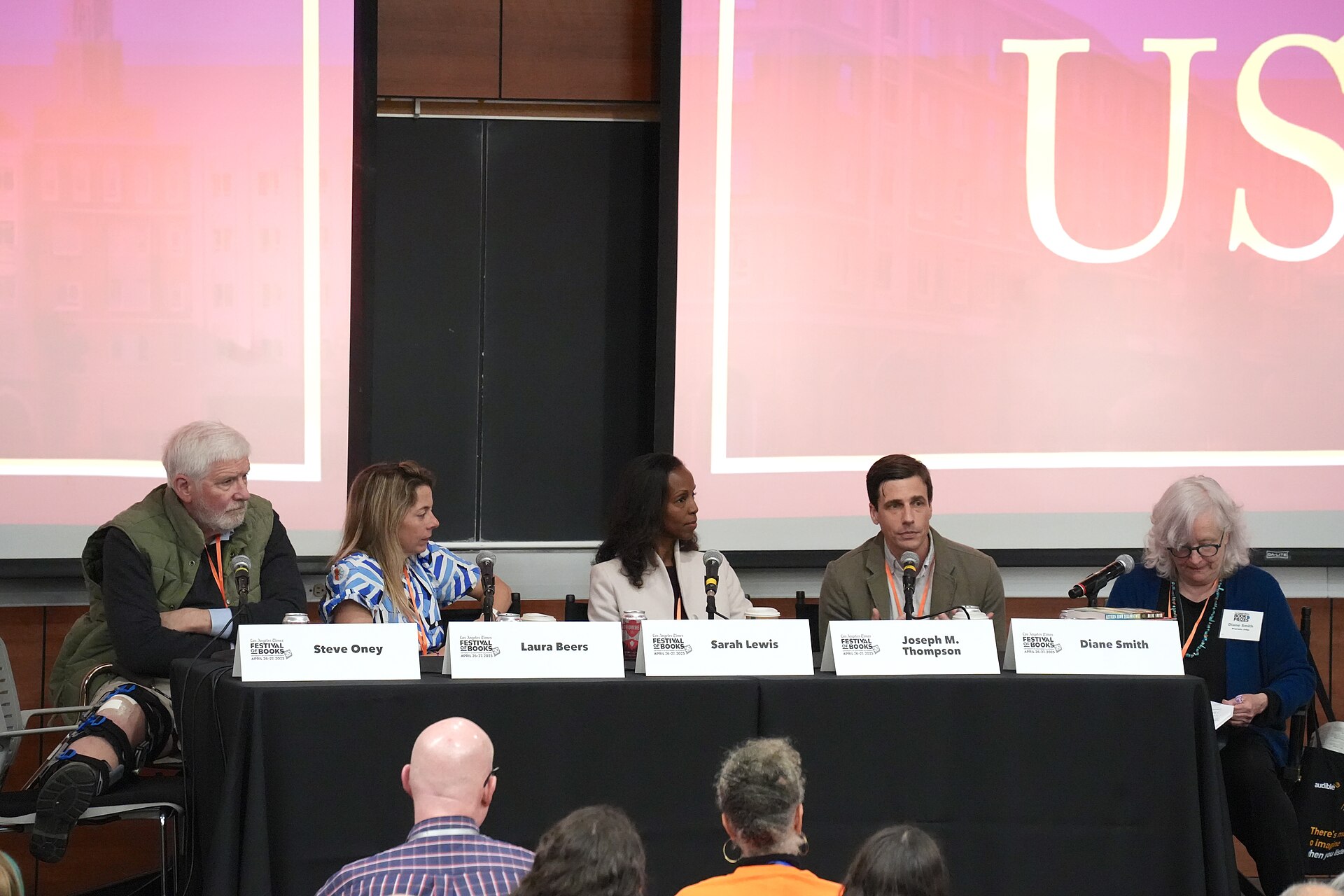 Steve Oney, Laura Beers, Sarah Lewis, Joseph M. Thompson, Diane Smith (l-r) at LA Times Festival of Books at USC on a panel called Fact Check: Fake News, Lies and Propaganda.