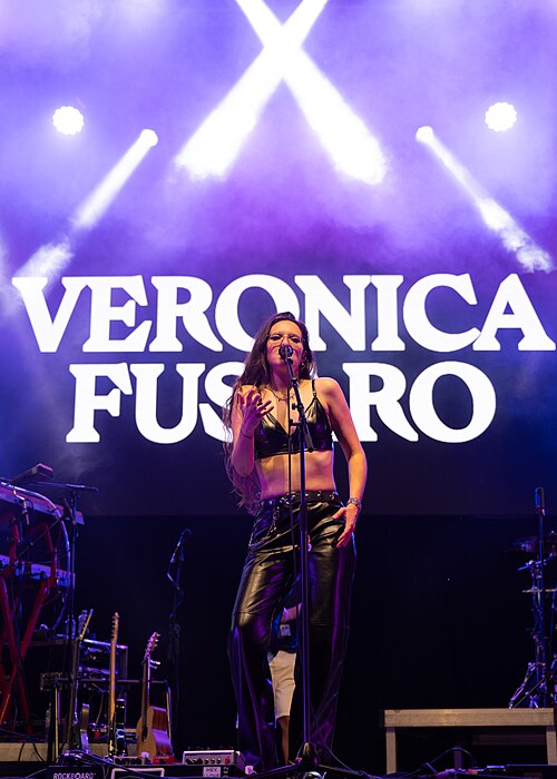 Swiss singer Veronica Fusaro performing at the Rotonda of the 79th Locarno Film Festival 2026