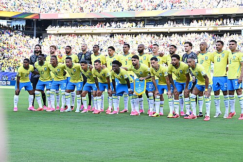 EAST RUTHERFORD, UNITED STATES - June 13: Players of Brazil pose for the photo during the FIFA World Cup 2026 Group C match between Brazil and Morocco at New York New Jersey Stadium on June 13, 2026 in East Rutherford, New Jersey.