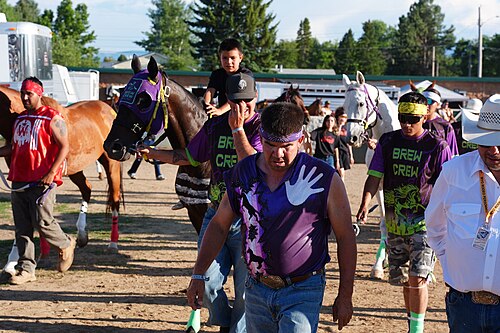 SHERIDAN, WYOMING, UNITED STATES - July 9, 2026: Team Brew Crew at 2026 Sheridan WYO Rodeo Indian Relay.