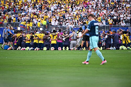 EAST RUTHERFORD, UNITED STATES - June 25: Ecuador players celebrate after the 2-1 win during the FIFA World Cup 2026 Group E match between Ecuador and Germany at New York New Jersey Stadium on June 25, 2026 in East Rutherford, New Jersey.