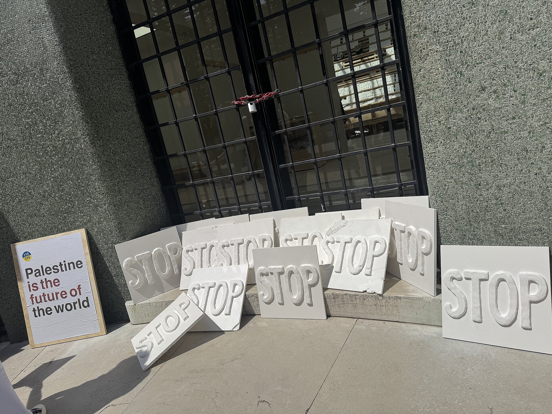 The Belgium Pavilion at the 2026 Venice Biennale on strike May 8, 2026 to protest the inclusion of Israel in the art exhibit. Numerous pavilions closed for all or part of the day.