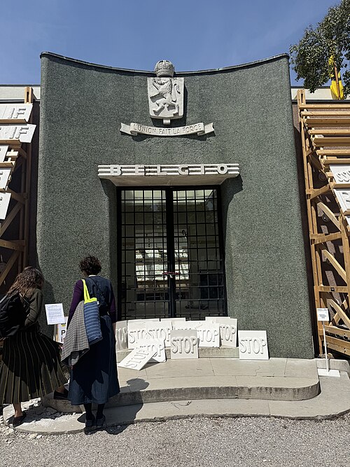 The Belgium Pavilion at the 2026 Venice Biennale on strike May 8, 2026 to protest the inclusion of Israel in the art exhibit. Numerous pavilions closed for all or part of the day.