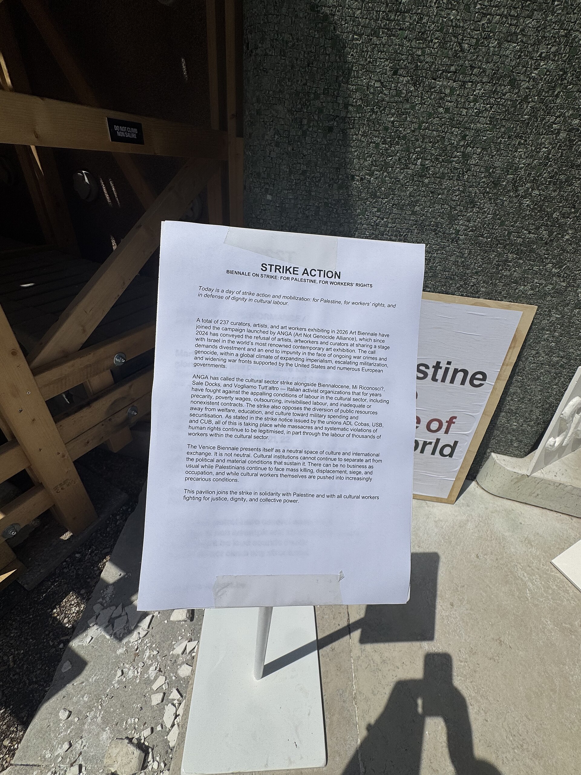 The Belgium Pavilion at the 2026 Venice Biennale on strike May 8, 2026 to protest the inclusion of Israel in the art exhibit. Numerous pavilions closed for all or part of the day.